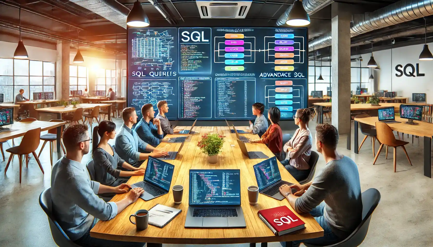 a collaborative study group in a modern coworking space, with participants using laptops to learn SQL.