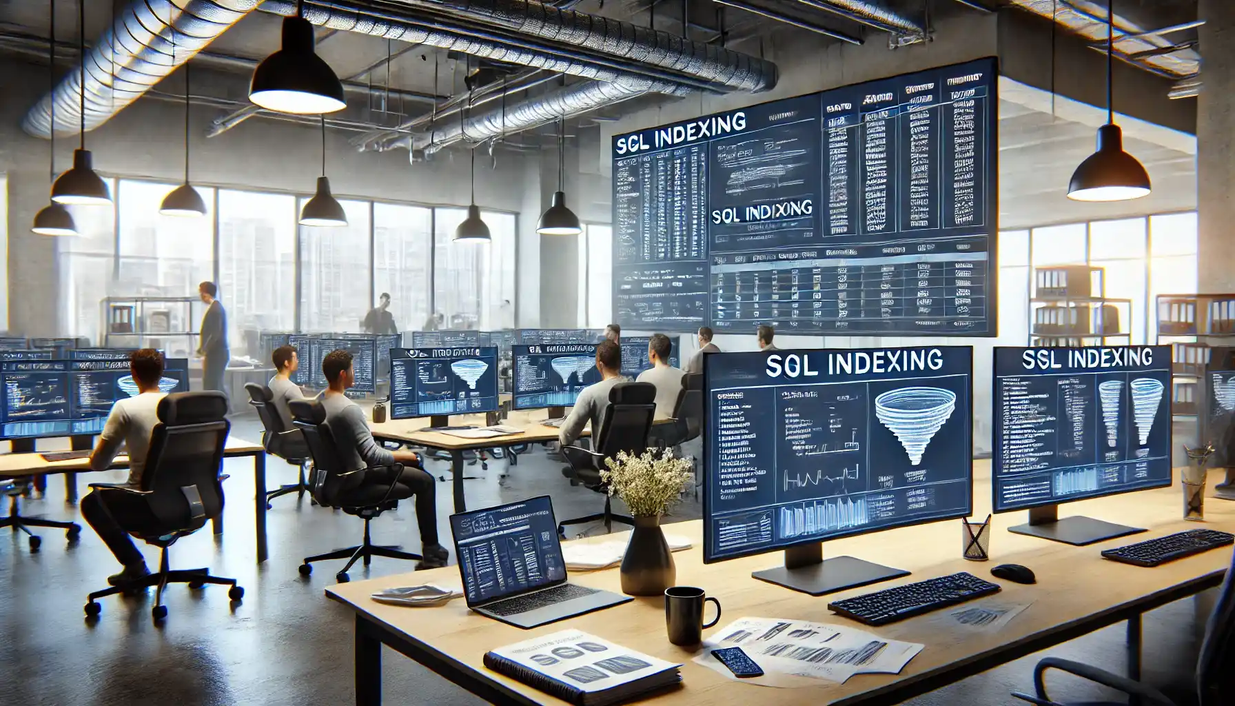a collaborative workspace where a group of developers is discussing SQL indexing techniques. 