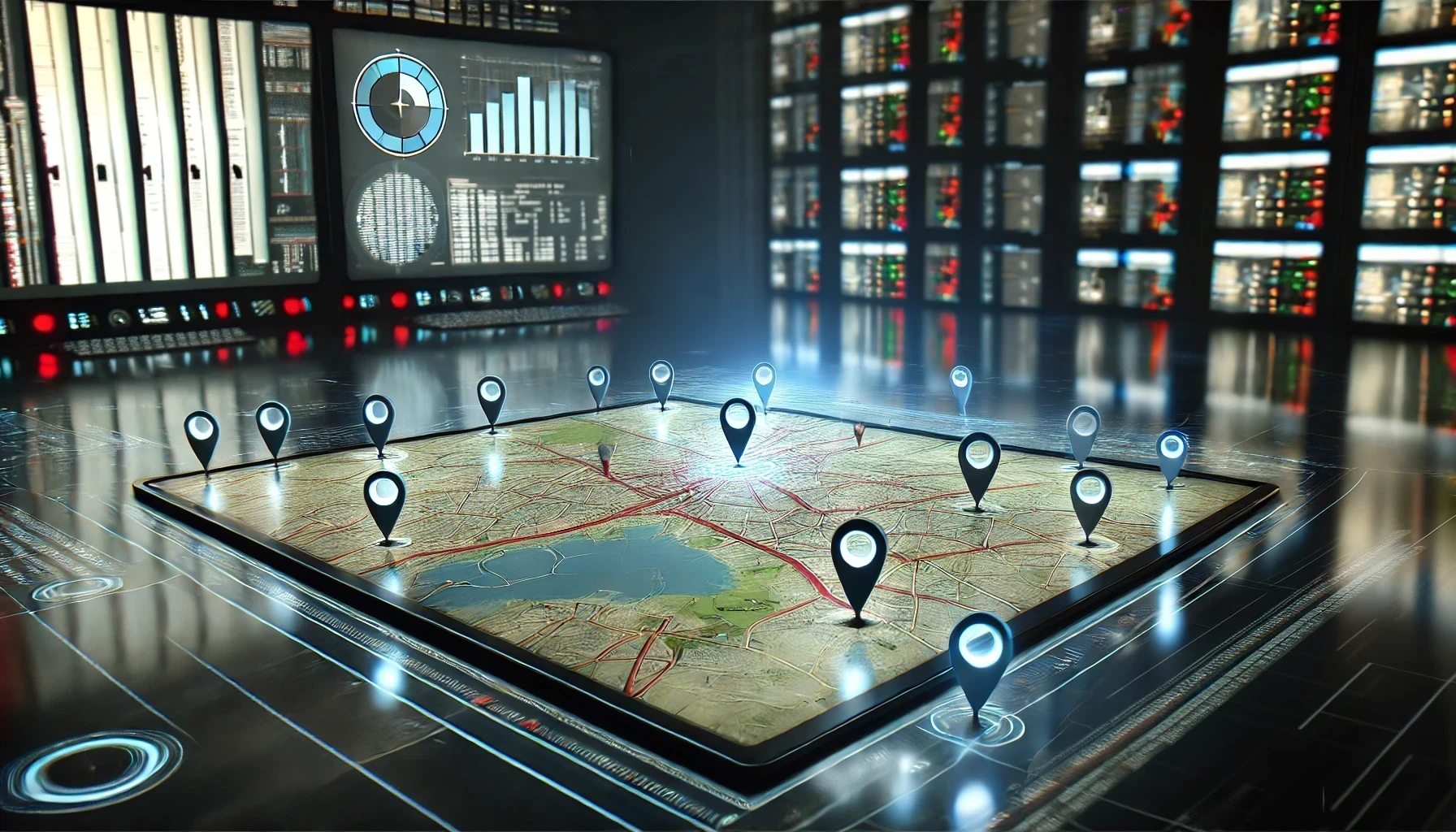 A close-up of a digital map on a large touchscreen, showing real-time location data with various GPS pins. The map is surrounded by screens displaying SQL queries, data charts, and logs.