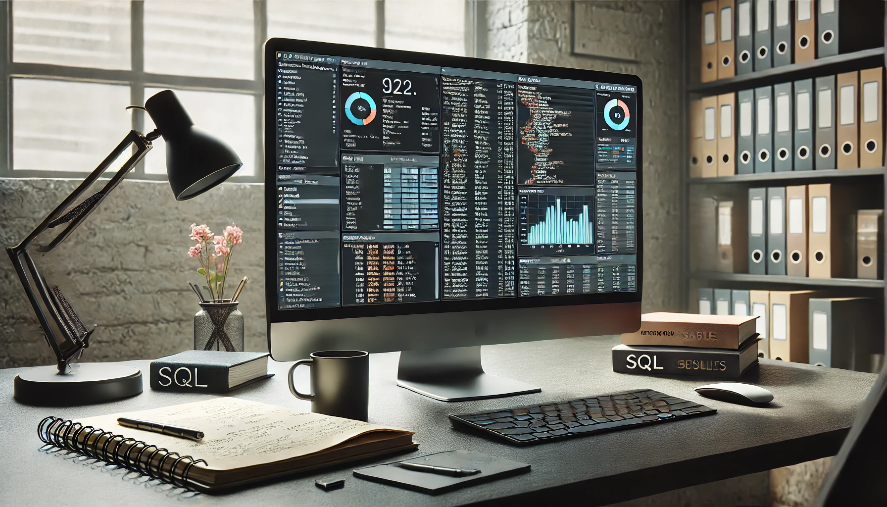 a professional workspace with a computer screen showing a detailed SQL database management system.