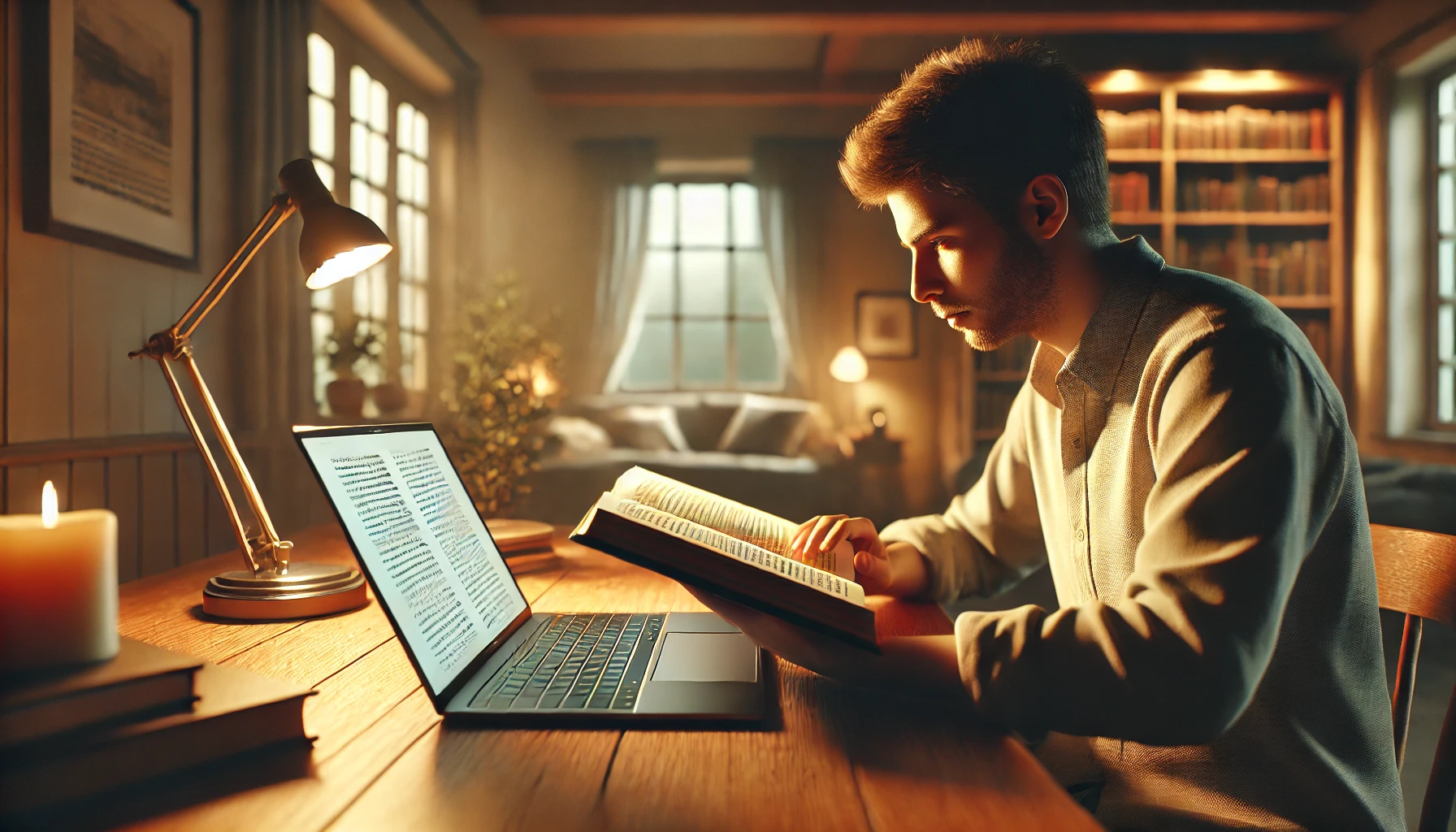 A person is deeply engrossed in reading a book in a cozy, well-lit room, with an open laptop displaying text positioned closer to the viewer.