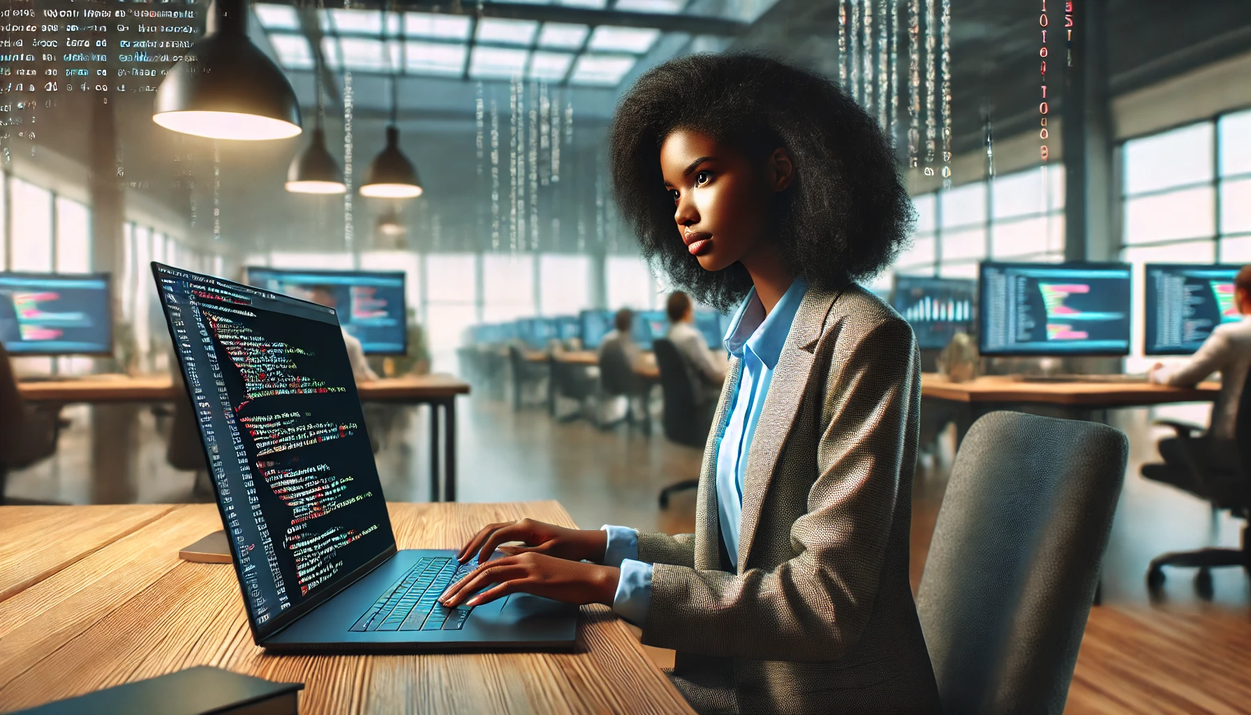 a young African female data analyst dressed in business casual, focused on a laptop screen displaying SQL code and complex data structures.