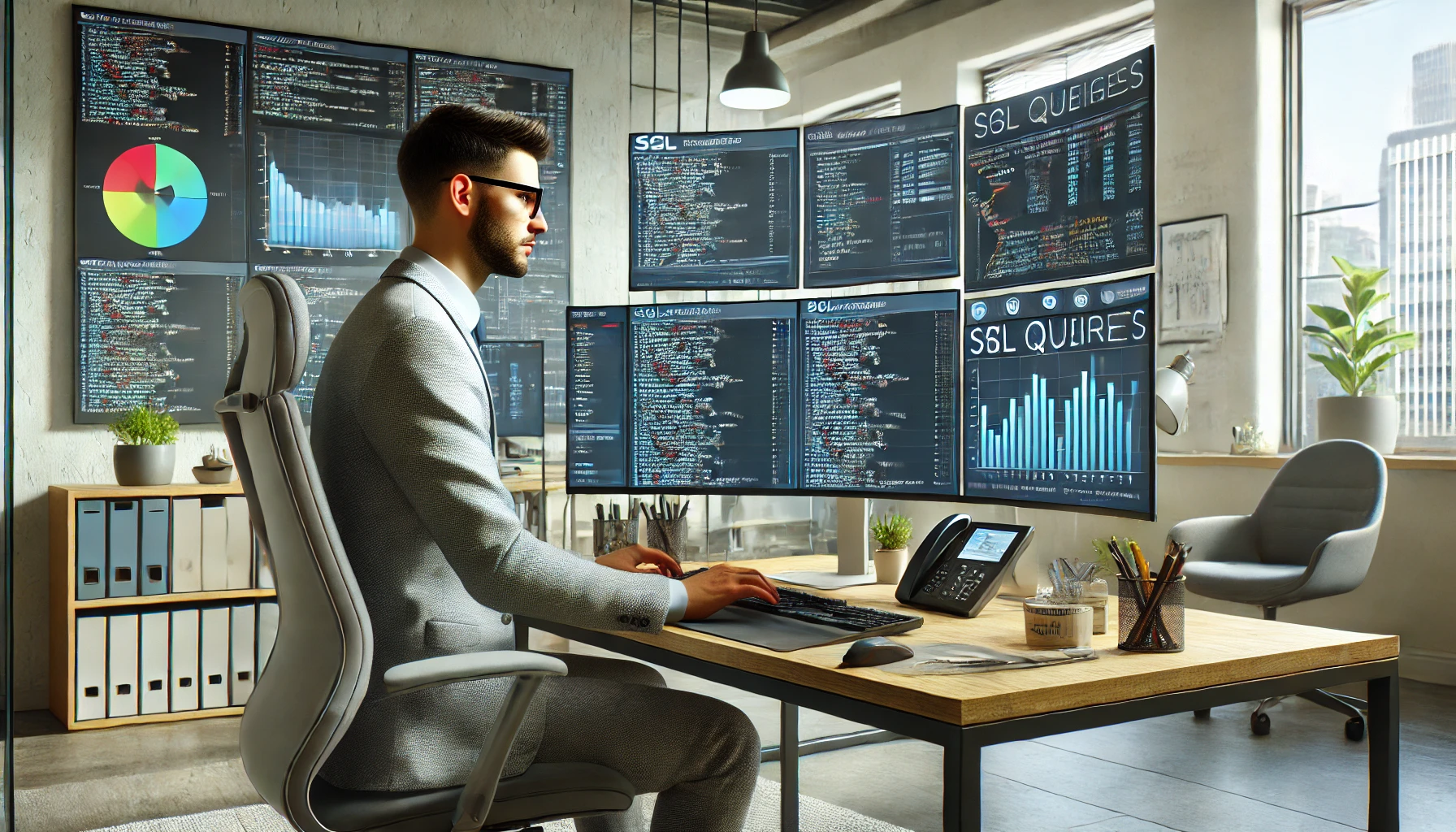 a modern office environment featuring a data analyst focused on optimizing SQL queries on their computer.