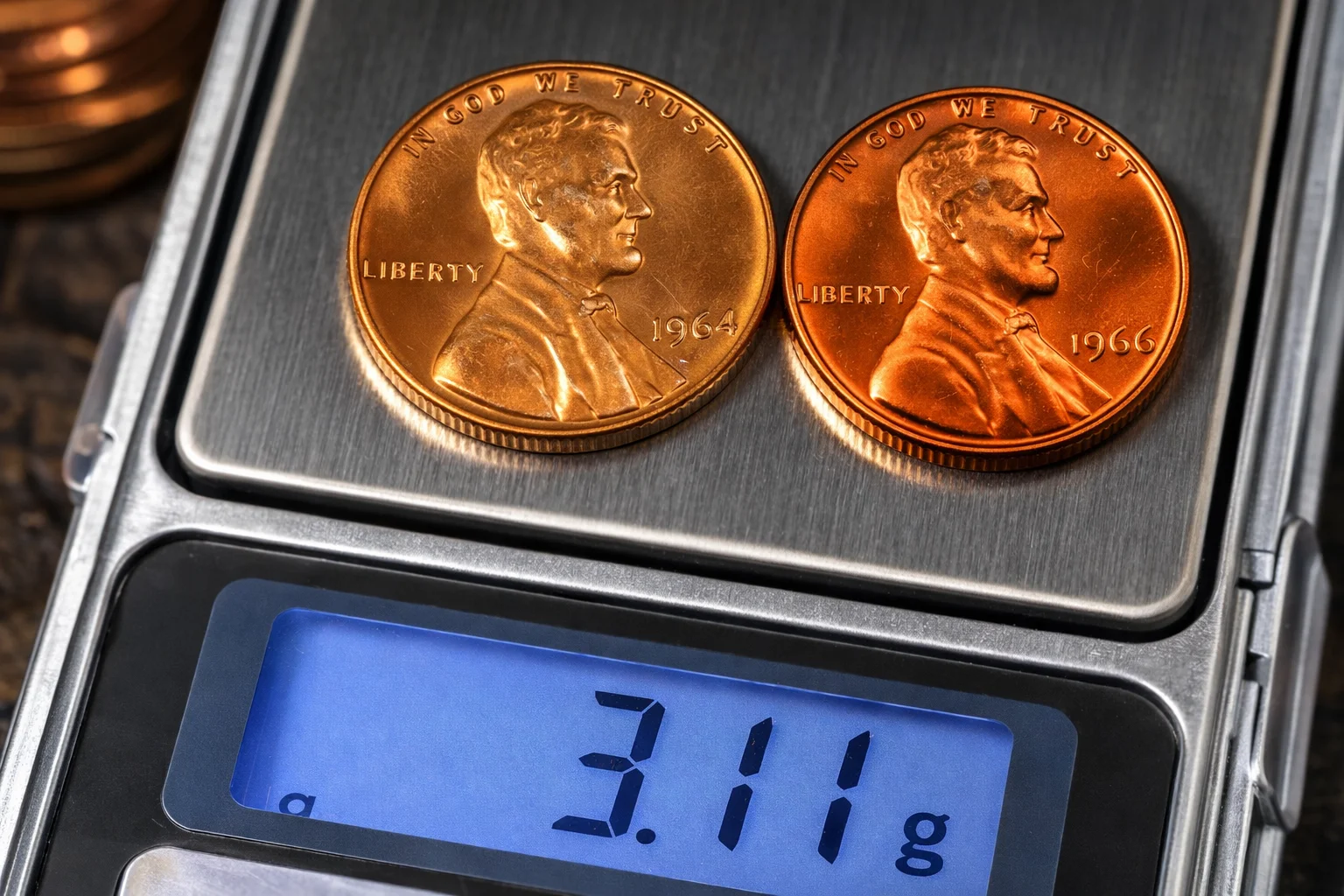 1964 and 1966 Lincoln cents on a digital jewelry scale showing 3.11 g.