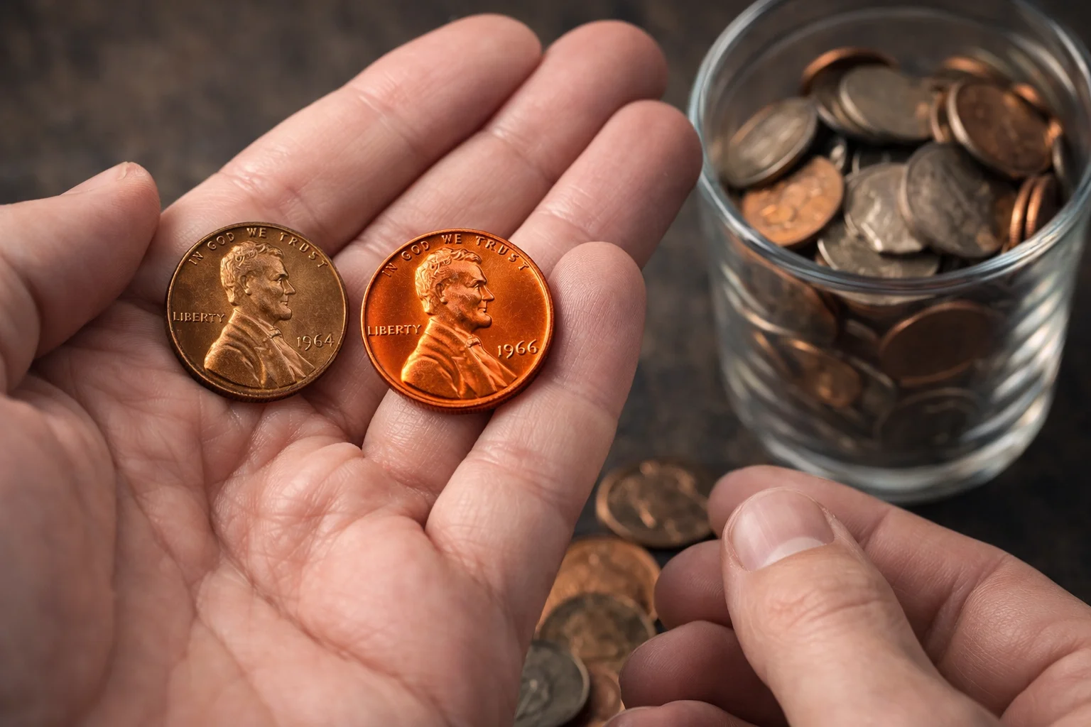 1964 and 1966 pennies held above a palm next to a jar of change, one red and one dark. A person decides to keep them or to spend.